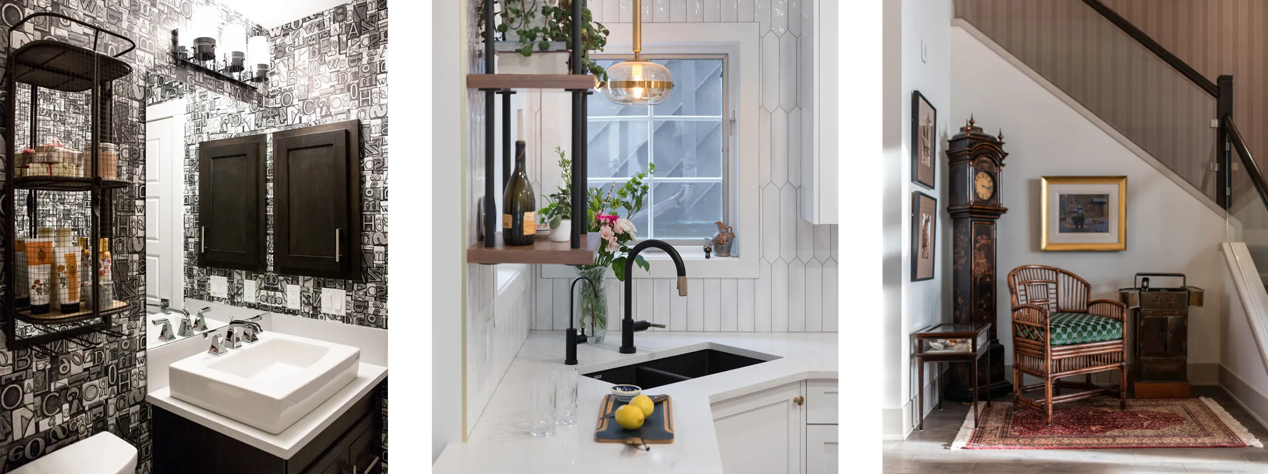 Three images showing design ideas for small spaces in a home. They show a bathroom, a kitchen sink and a main floor nook at the bottom of a staircase.