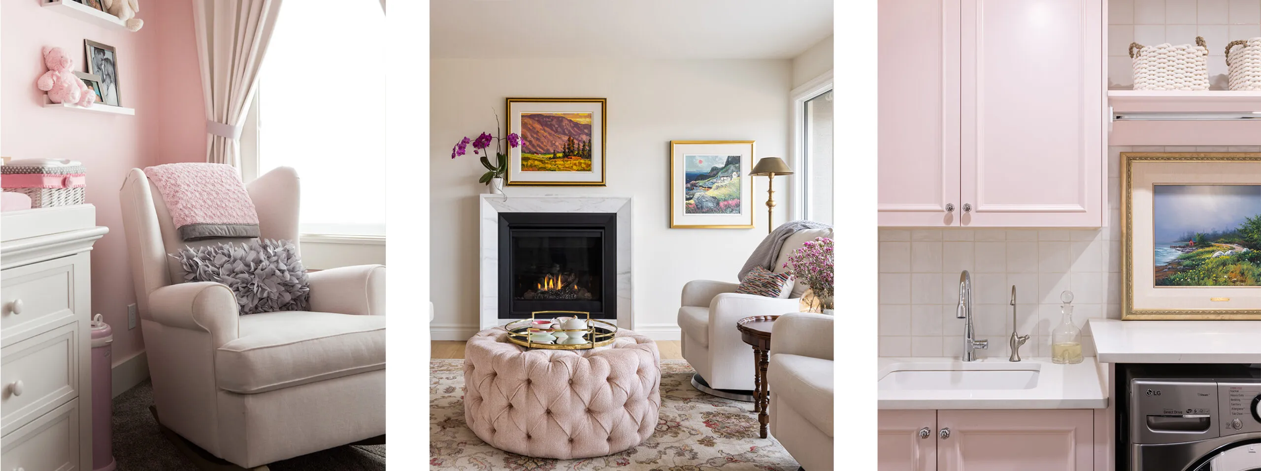 A baby's room, a living room and a laundry room all designed with pink themes.