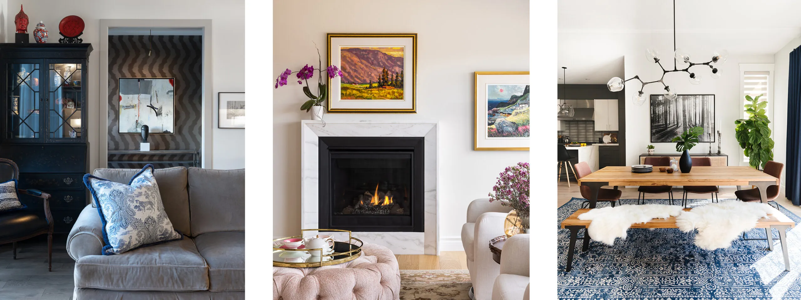 Three different interior design styles, traditional, contemporary and modern.