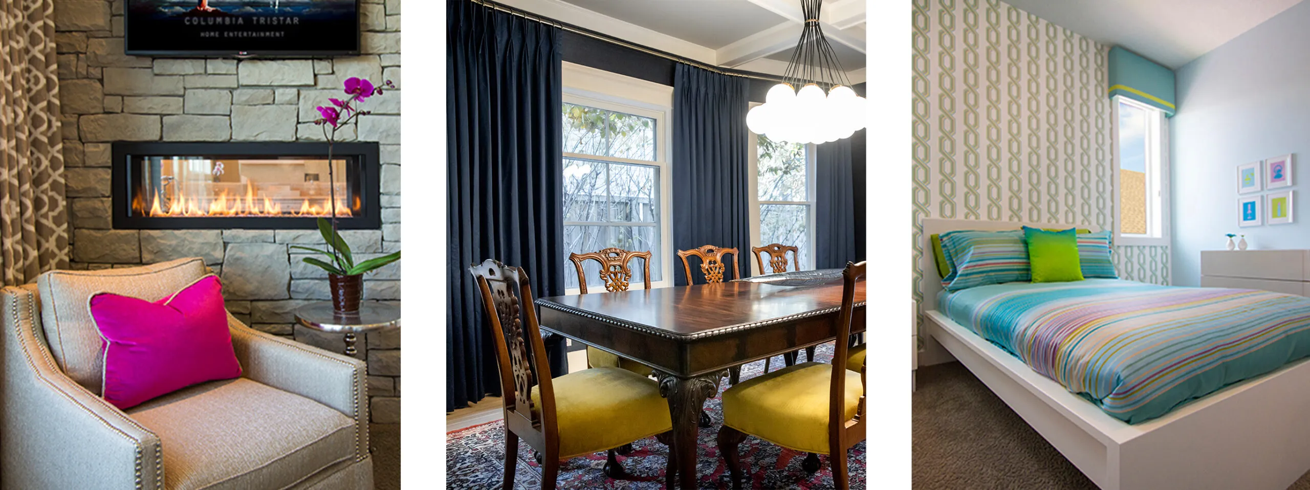 Three different rooms showing pink, navy blue and turquoise as decor accents.