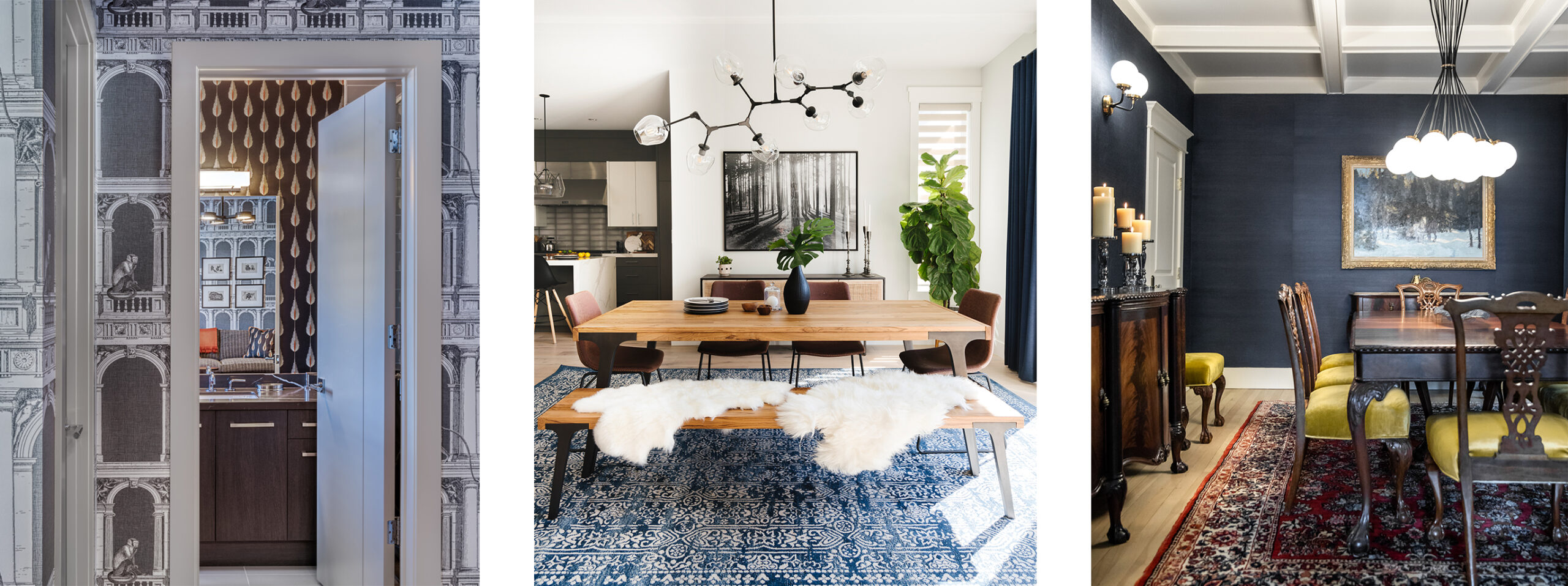 Three different rooms showing the use of layering in interiors design.