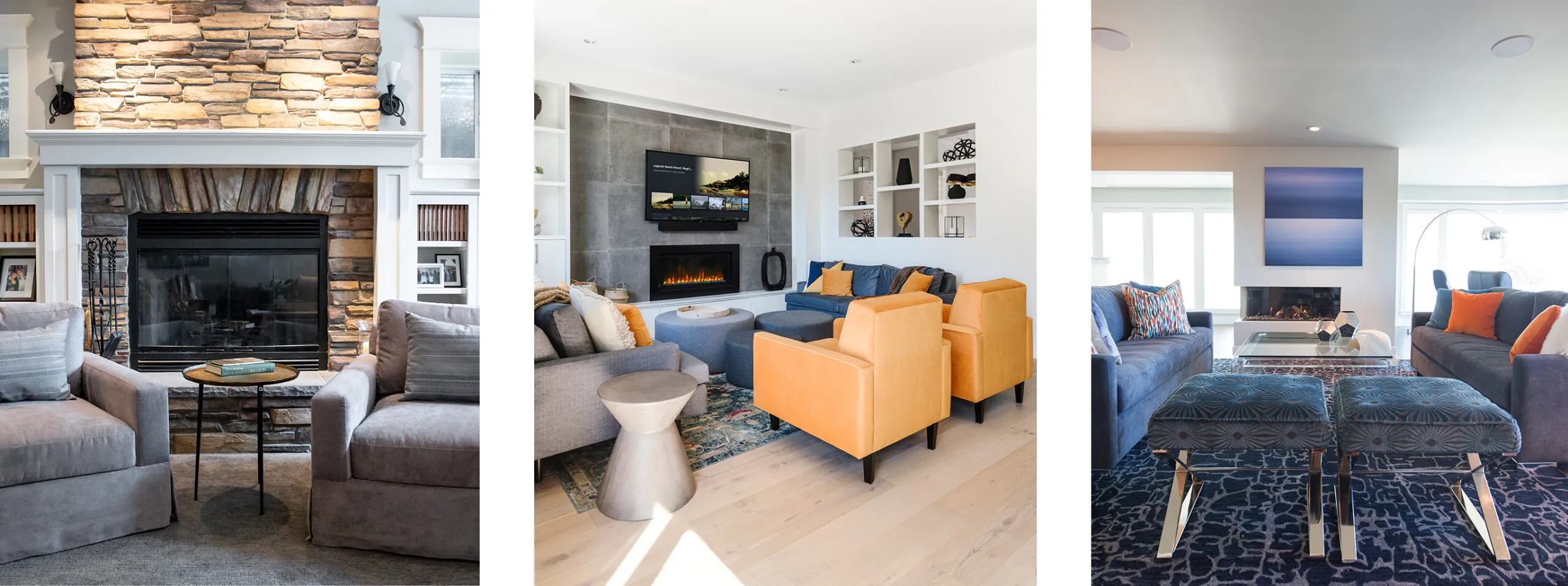 Three images of different type of residential fireplace styles.