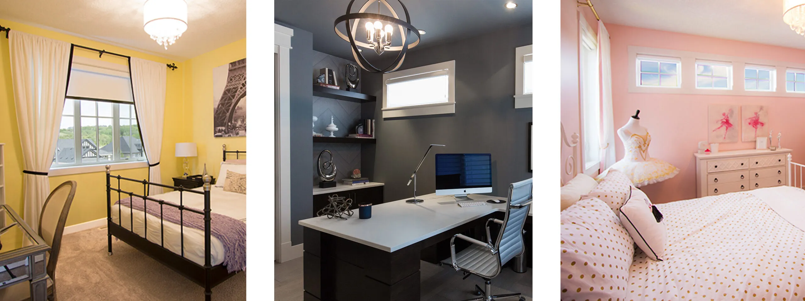 Three rooms with different paint finishes, a yellow bedroom, a dark grey office and a pink bedroom.