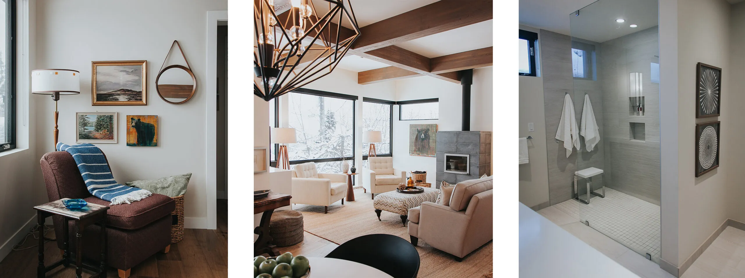 Three different design styles of rooms in vacation properties.