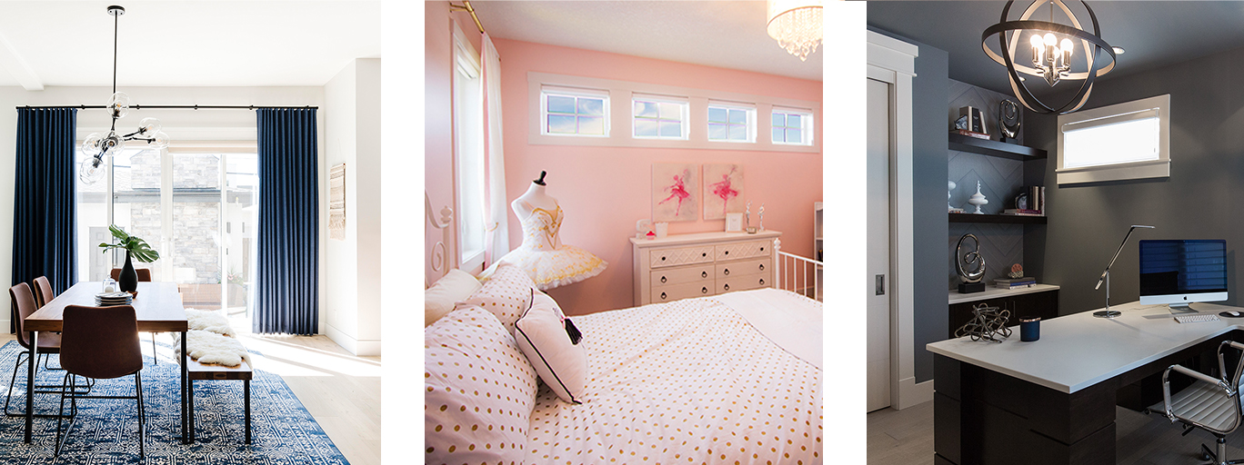 Three examples of rooms in white, pink and grey paint colours.
