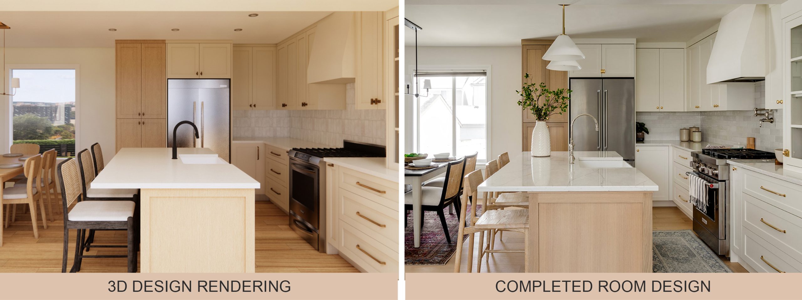 Two images comparing a computer generated 3D rendering of a kitchen and dining space and with the completed project.